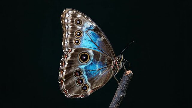Blue morpho butterfly resting on a branch.