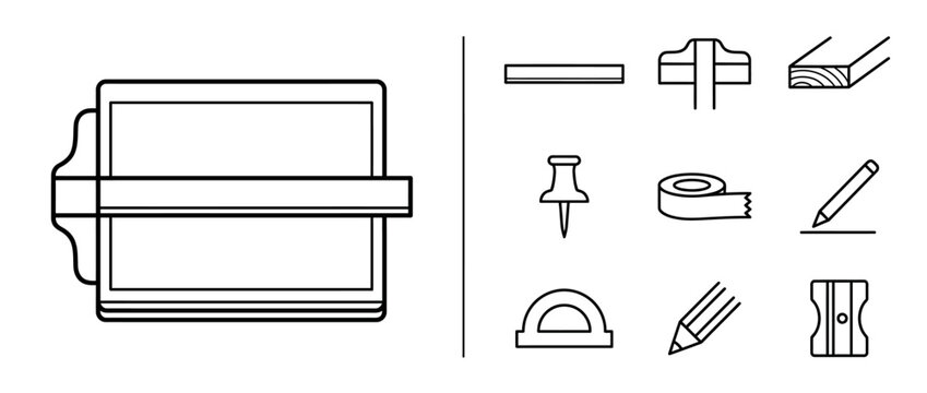 Set of Outline Stationery and Drafting Tools Icons