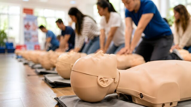 High quality photo of a CPR training class practicing chest compressions on dummy mannequins. This image is suitable for first aid courses, medical training manuals, and healthcare safety ads.