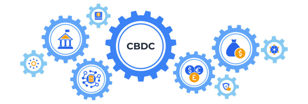 Cbdc banner web icon vector illustration concept of central bank digital currency with icons of centralize, government, trust, financial, blockchain, currency, big data and cost