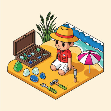 Young geologist collecting gemstones on a sandy beach