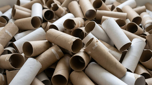 Many empty brown and white cardboard toilet paper rolls and tubes background