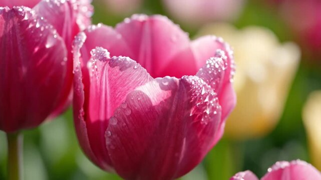 Macro view of pink tulip petals with morning dew droplets. Detailed close-up of water on petal edges with soft bokeh garden background and natural sunlight.