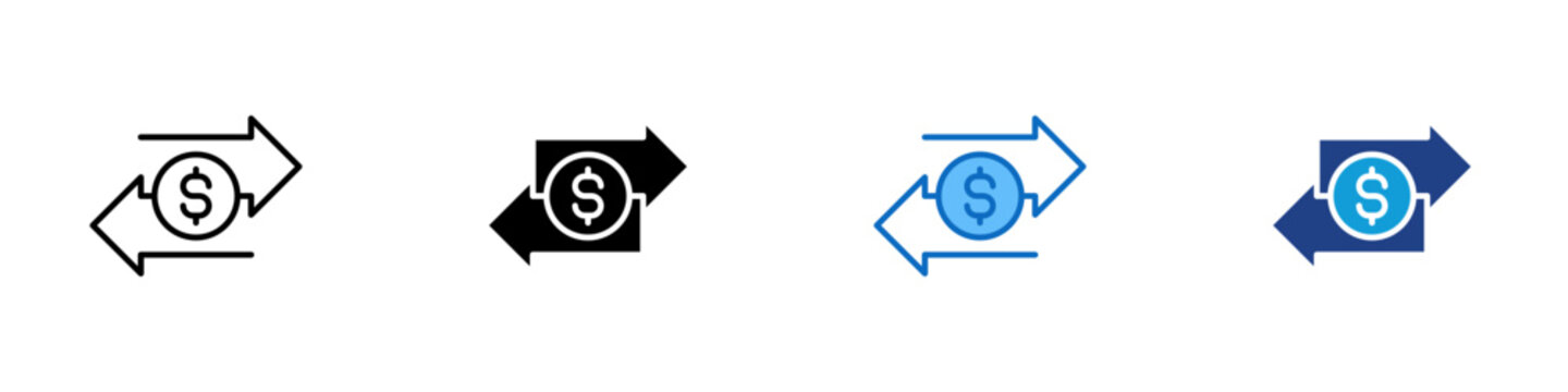Bidirectional Money Transfer Multiple Style Icon Design Vector - Dollar coin between opposing arrows representing bidirectional money transfer, currency exchange, and financial payment reversal