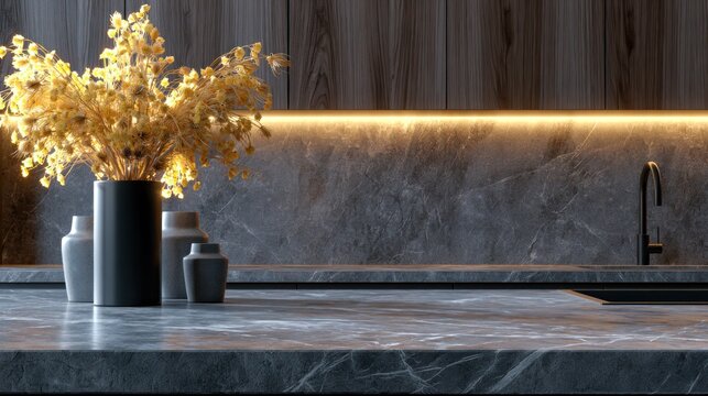 Modern dark kitchen with marble countertop and yellow flowers.