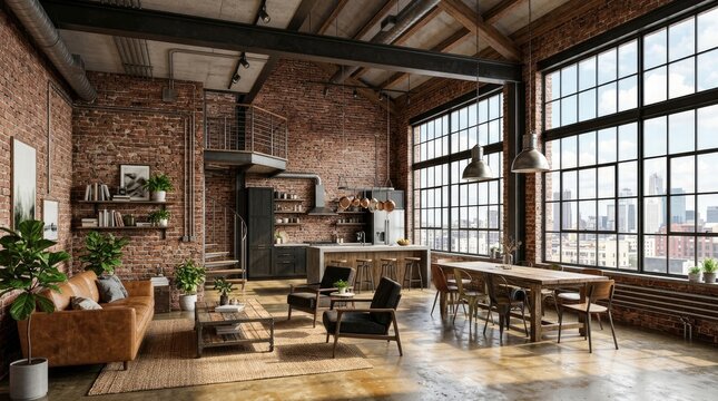 Loft Interior Living Space with Industrial Brick Walls and Large Windows