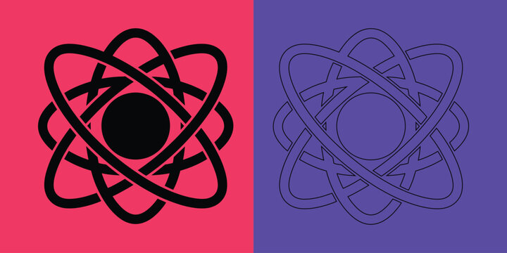 Scientific atom model with intersecting ellipses and central nucleus in solid black and outline style split view