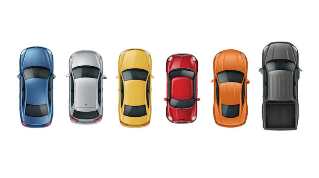 Realistic Top View Car Vector Icon Set with Sedan Sports Car Hatchback and Pickup Truck Isolated for Maps Navigation Transportation and UI Design