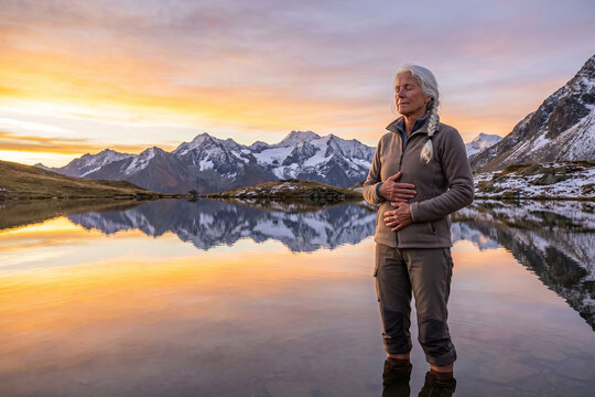 Senior Hiker Enjoying Peaceful Mountain Lake at Sunrise During Active Retirement Adventure