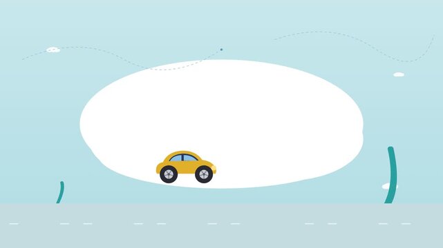 cute retro car driving through a flat landscape with clouds and leaves, teal sky