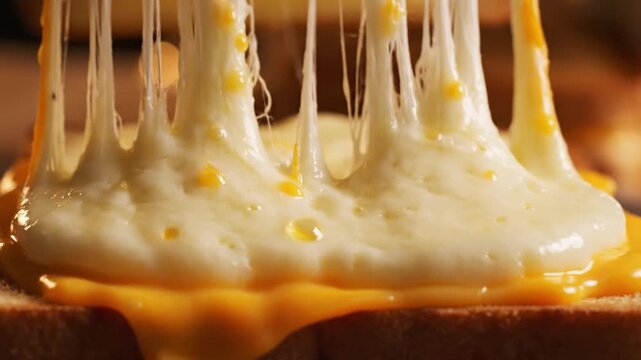 Macro shot of melted white and yellow cheese stretching between layers of toasted whole wheat bread. Extreme close-up showing texture of bubbling cheese and golden crust.
