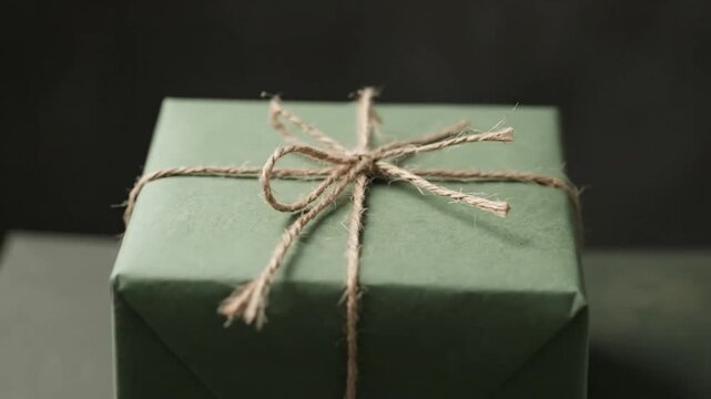 Green paper wrapped gift box with rustic twine string.