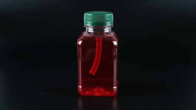 Square red juice bottle with green cap on black background.
