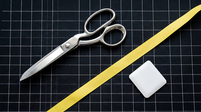 A pair of tailor shears and a white chalk piece next to a yellow measuring tape