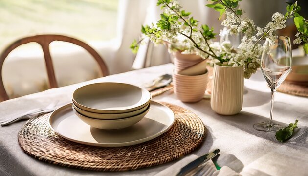 Elegant Quiet Luxury Spring Or Summer Tablescape Matte Ceramics Textured Linen Fabric Woven Placemat Soft Natural Sunlight Neutral Organic Materials Subtle Flowers Greenery Rustic Aesthetics