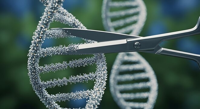A close-up view of a DNA double helix being cut with silver scissors, symbolizing gene editing
