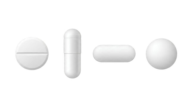 Realistic White Medicine Pill Vector Icon Set with Tablet Capsule and Caplet Isolated on Transparent Background for Healthcare Pharmacy and Medical Design