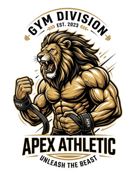 Muscular lion fitness mascot t-shirt design with "Apex Athletic Gym Division" and "Unleash the Beast" typography.