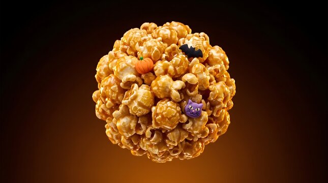 A ball of sweet caramel popcorn decorated with halloween themed sugar sprinkles