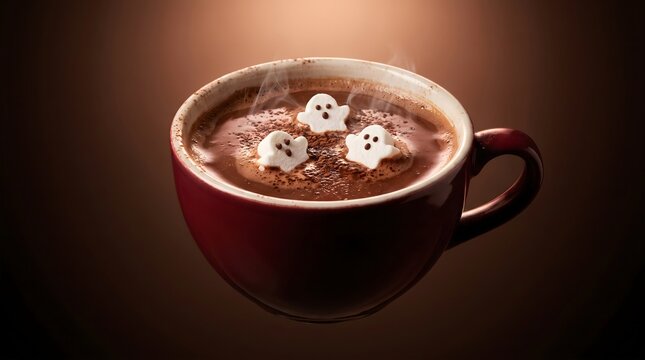 A cup of hot chocolate with cute ghost shaped marshmallows floating