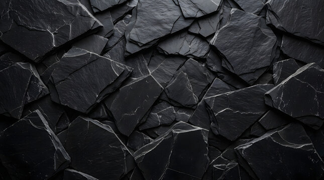 Rough dark black slate stone wall texture with natural layered rock pattern and jagged edges creating rugged backdrop for modern exterior or dramatic architectural design elements.