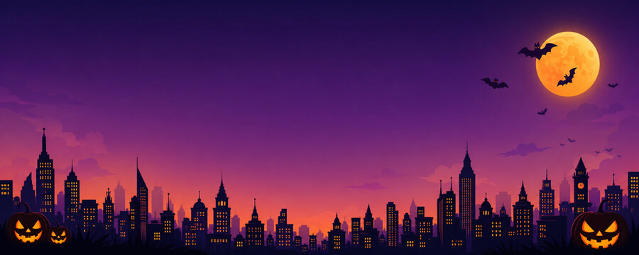 Flat design city skyline silhouette at night with glowing windows jack o lanterns bats and full moon under purple gradient sky. Illustration. Generative AI.