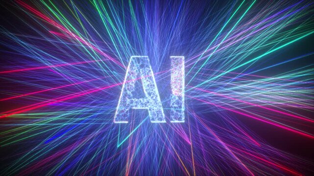 AI letters animation of glowing symbols with digital and geometric noise in computer science world, 4k abstract artificial intelligence tech animated template