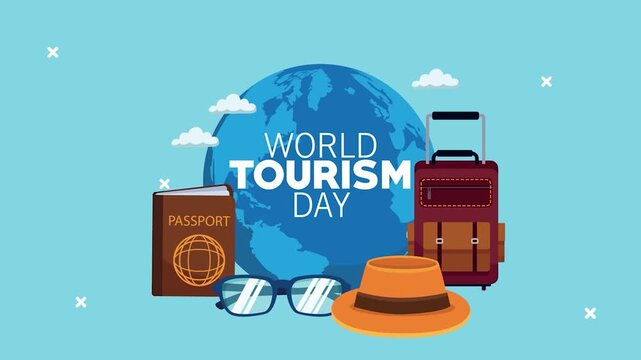 World tourism day vector illustration with globe, passport, suitcase, hat and glasses on blue background