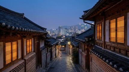 Naklejka premium Traditional Architecture Street with Modern City Skyline Background at Twilight, Website Banner and Hero Header with Copy Space for Travel and Heritage Content