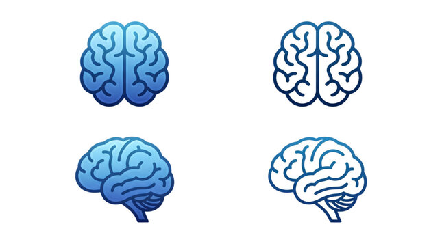 Modern Human Brain Vector Icon Set with Front and Side View Designs for Healthcare Neuroscience Artificial Intelligence and Medical UI