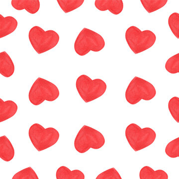 Watercolor hearts seamless pattern on a white background. Hand drawn illustration