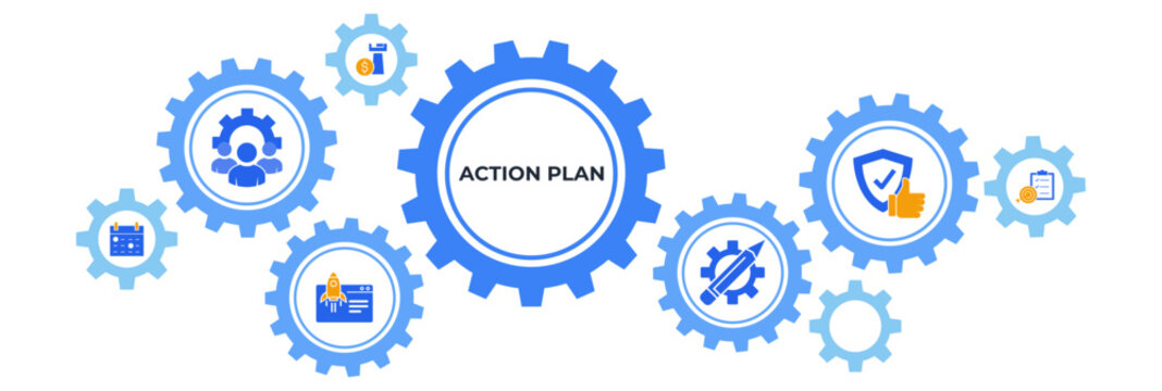 Action plan banner web icon vector illustration concept with icon of objective, strategy, collaboration, schedule, act, launch, check, and implementation