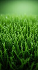 Fototapeta premium Close-up of lush green synthetic grass blades showing realistic texture and vibrant color, ideal for landscaping, backyard, or sports fields, nature, surface, field