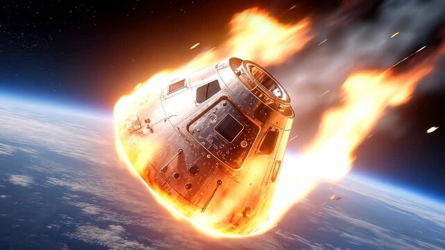 Space capsule re-entering atmosphere with intense heat shield glow. Cinematic view of spacecraft descending toward planet surface. Panning camera movement.