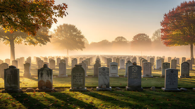 Peaceful Autumn Cemetery Gravestones in Misty Morning Sunlight for Yom Kippur Yizkor Memorial Service