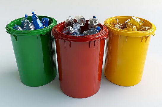 Three colored recycling bins filled with plastic bottles and cans trash cans green yellow