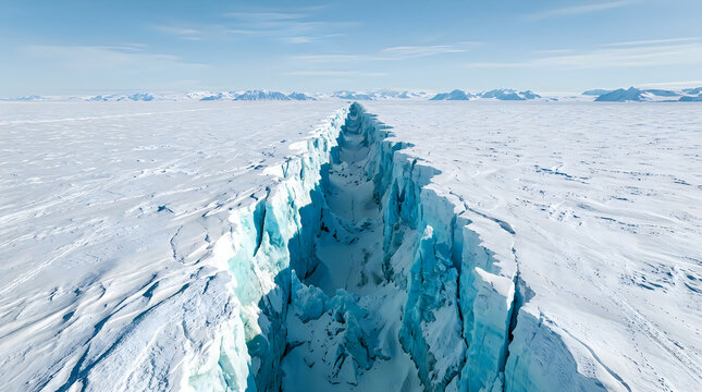 Aerial view of a dramatic glacier crevasse in antarctica