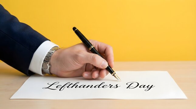 Lefthanded person writing lefthanders day on paper