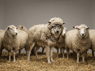 Naklejka premium Sheep standing on a straw covered ground.