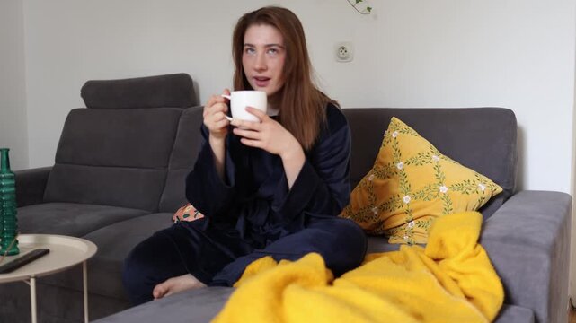 Morning coffee gradually replaces exhaustion with calm focus as caffeine helps a sleepy woman regain energy improve mood and ease into a productive routine