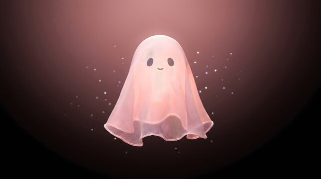 Cute little pink ghost character floating with magical sparkling star dust