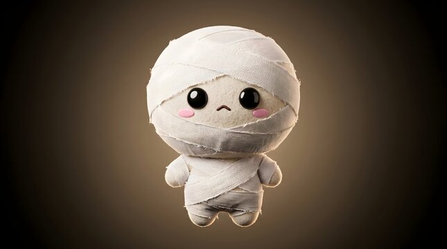 Cute little mummy character wrapped in white fabric bandages isolated