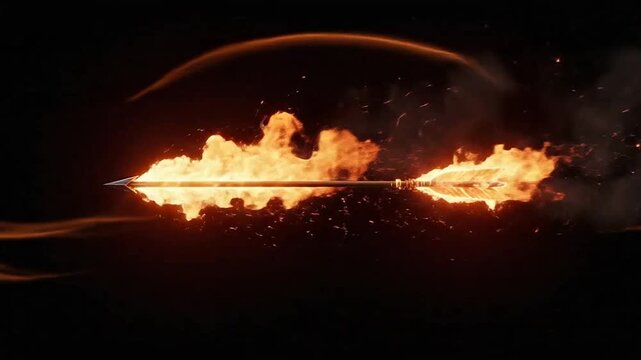 A sharp arrow engulfed in bright orange flames flying through dark space