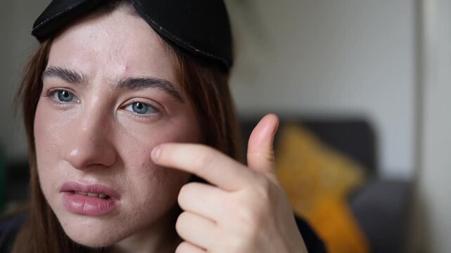 Morning skincare concerns appear after waking as tired woman studies acne puffiness and uneven skin wondering how poor sleep and stress affect her face daily