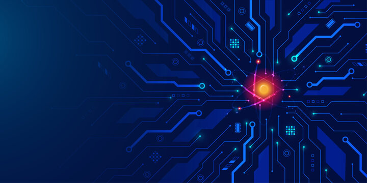 Abstract background featuring circuit board pattern with glowing atomic structure and data connections for digital science.