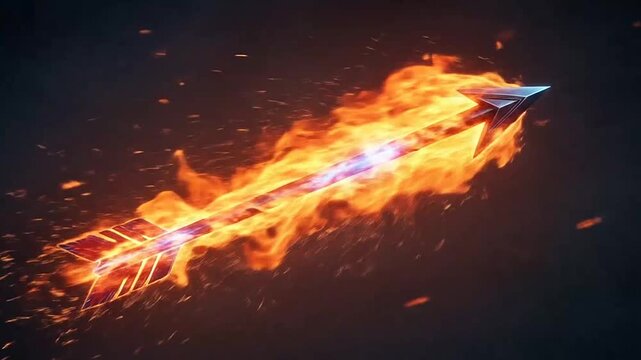 A sharp arrow flying through the air engulfed in bright orange flames