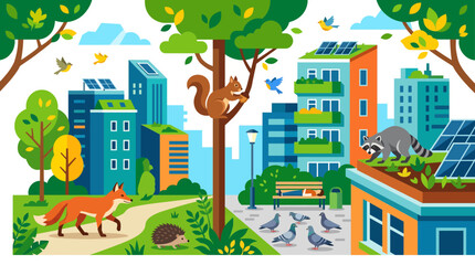 Fototapeta premium Urban wildlife and animals coexisting with sustainable modern green city environment vector illustration