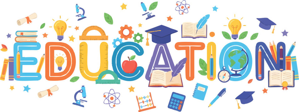 School and education word cloud vector illustration. Flat design learning and study icon set for classrooms and e-learning.