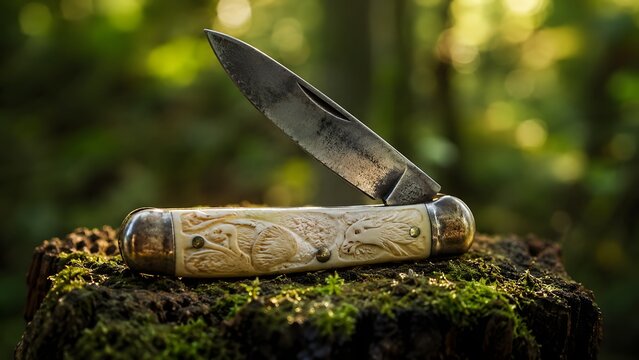 Detailed photograph of an antique pocket knife in the forest. High quality professional image suitable for editorial concepts, website banners, landing pages, and creative projects.