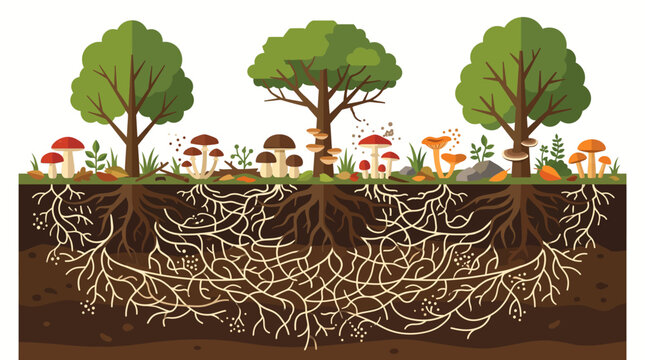 Underground mycelium network and tree roots in forest soil ecosystem illustration